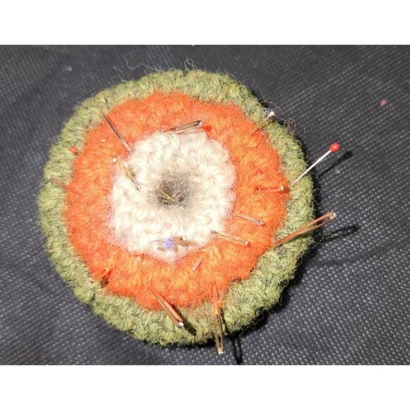 Vintage Handcrafted Crochet Pincushion W Needles Felt Base - Picture 3 of 5